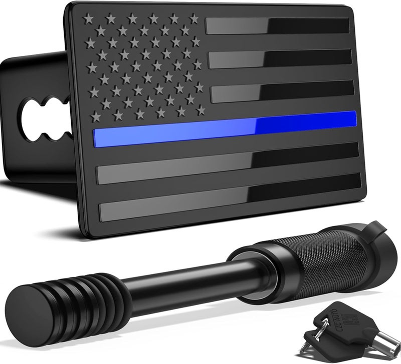 OGYE 2 Inch Trailer Hitch Cover with American Flag, Heavy Metal Trailer Hitch Cover Fit for 2 Inch Hitch Receivers (with 5/8" Pin Dia Anti-Theft Trailer Hitch Lock),3 * 5" Black&Thin Blue Line - Image 1